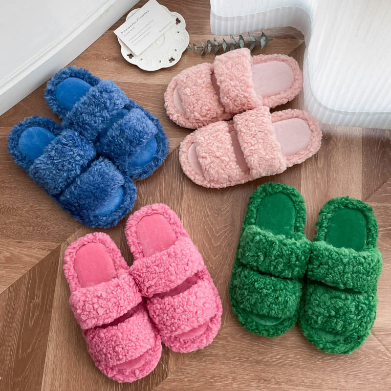 Colorful Soft Double-Strap Lamb Plush Slippers