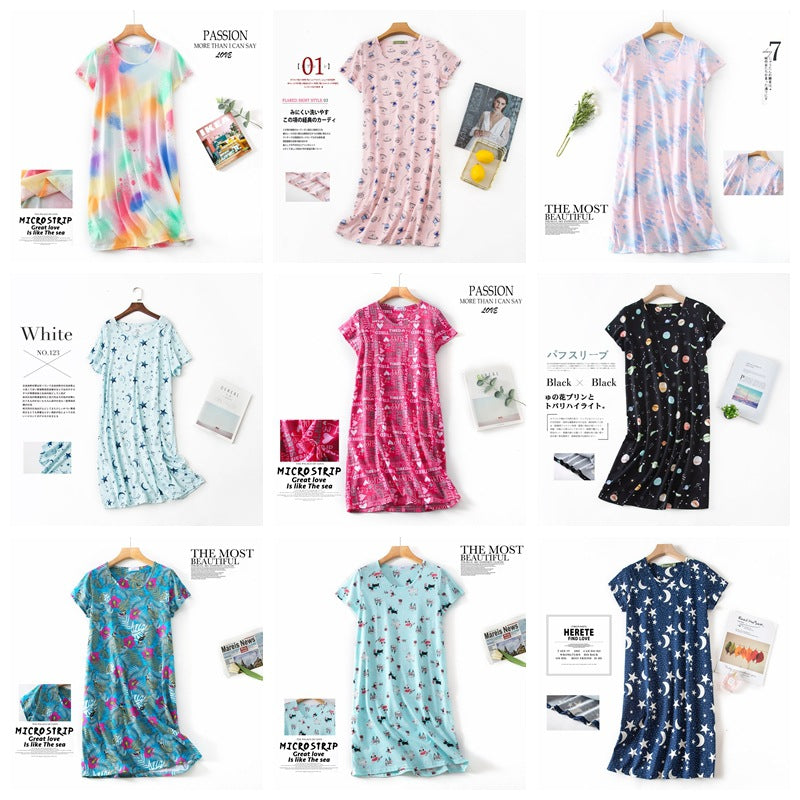 Women Cotton Cartoon Nightdress Plus Size Short Sleeve Sleepwear
