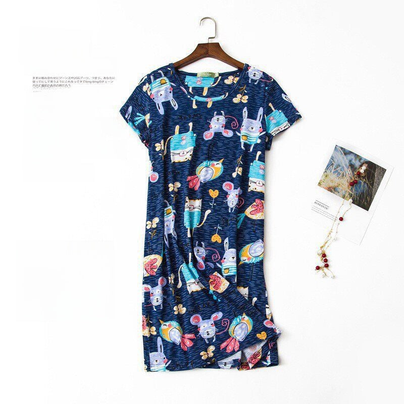 Women Cotton Cartoon Nightdress Plus Size Short Sleeve Sleepwear