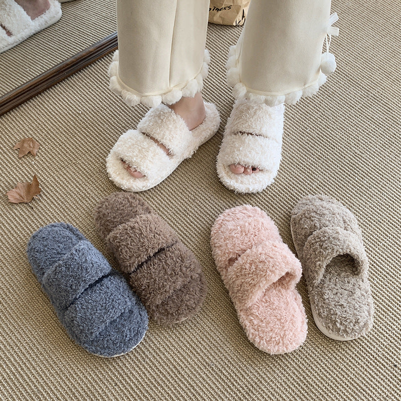 Plush Cotton Open-Toe Slippers for Home Wear