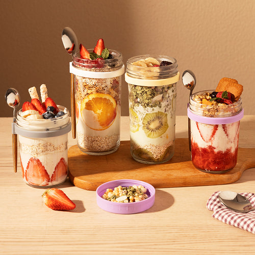 Glass Oatmeal Cup with Lid and Spoon