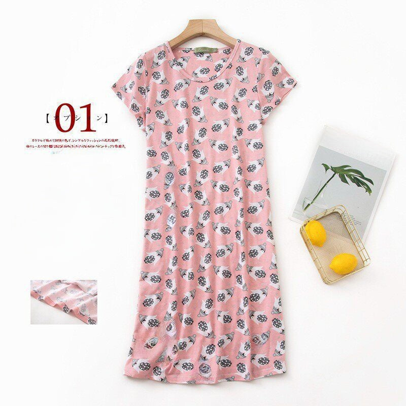 Women Cotton Cartoon Nightdress Plus Size Short Sleeve Sleepwear