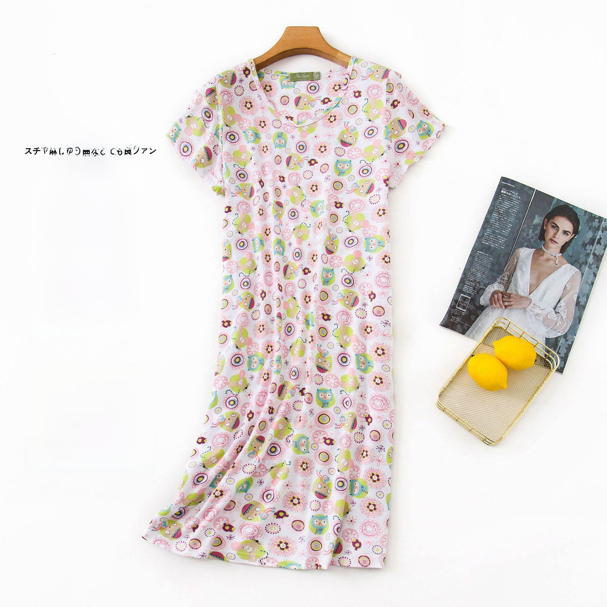 Women Cotton Cartoon Nightdress Plus Size Short Sleeve Sleepwear