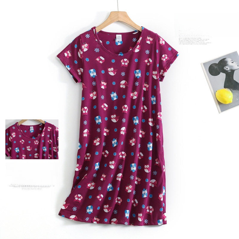 Women Cotton Cartoon Nightdress Plus Size Short Sleeve Sleepwear