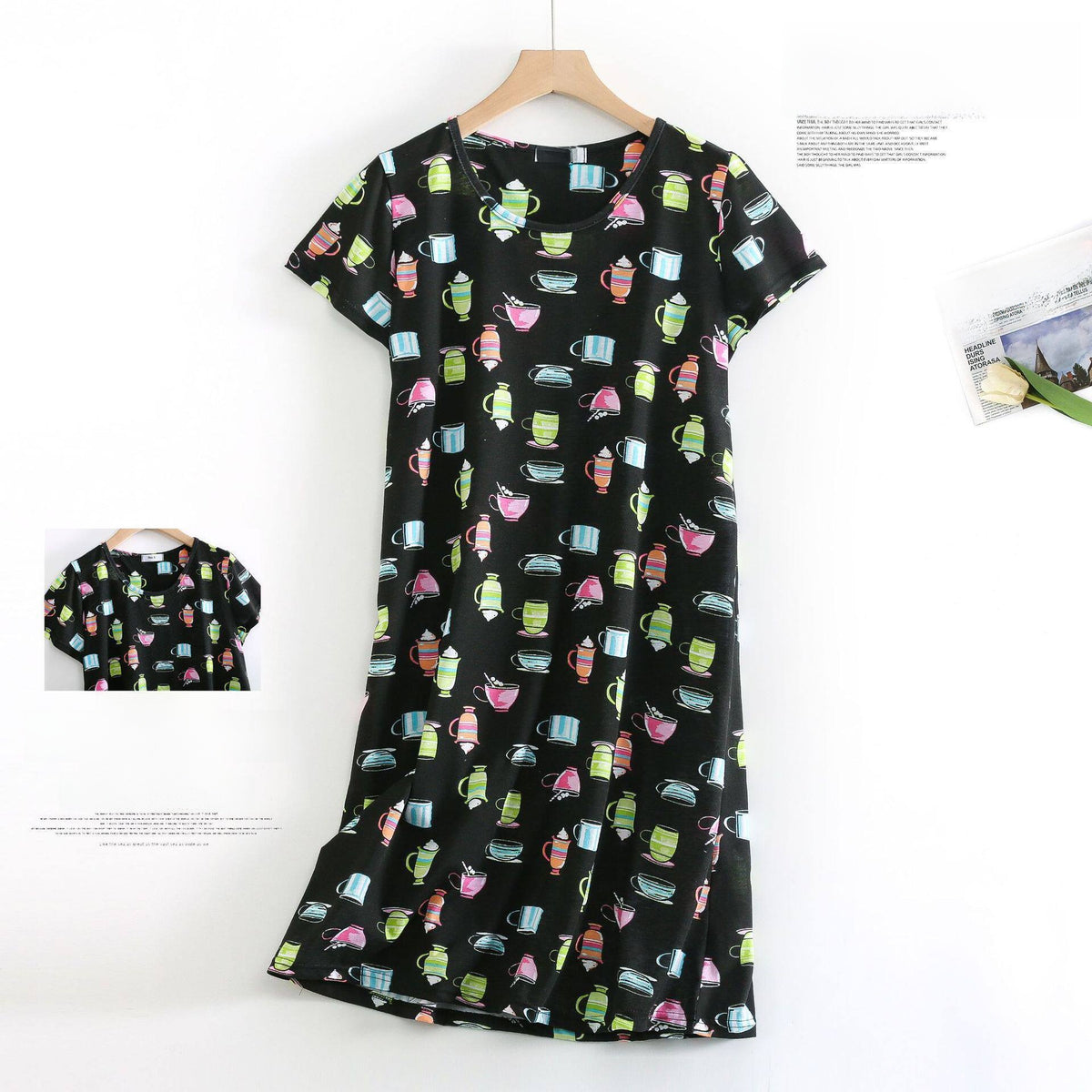 Women Cotton Cartoon Nightdress Plus Size Short Sleeve Sleepwear