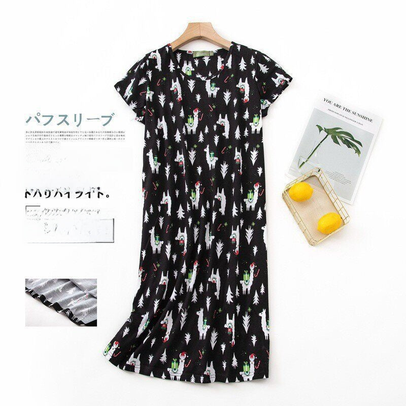 Women Cotton Cartoon Nightdress Plus Size Short Sleeve Sleepwear