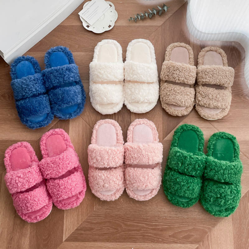 Colorful Soft Double-Strap Lamb Plush Slippers