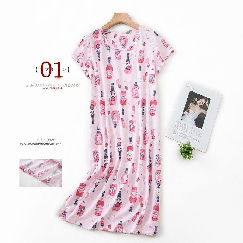 Women Cotton Cartoon Nightdress Plus Size Short Sleeve Sleepwear