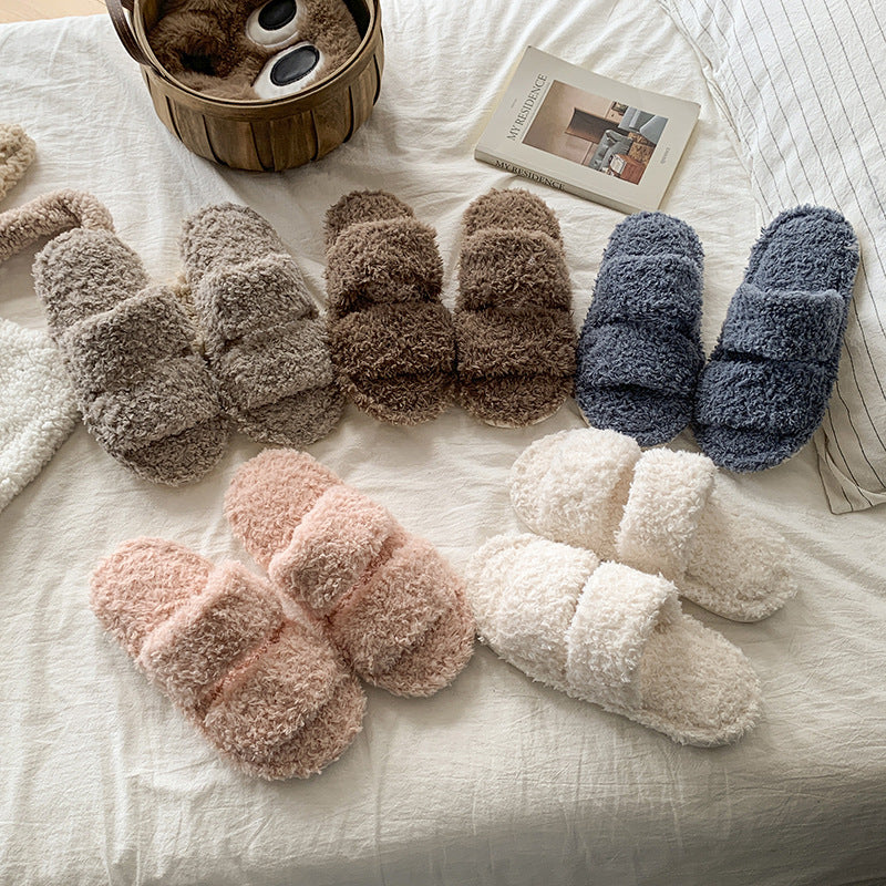 Plush Cotton Open-Toe Slippers for Home Wear