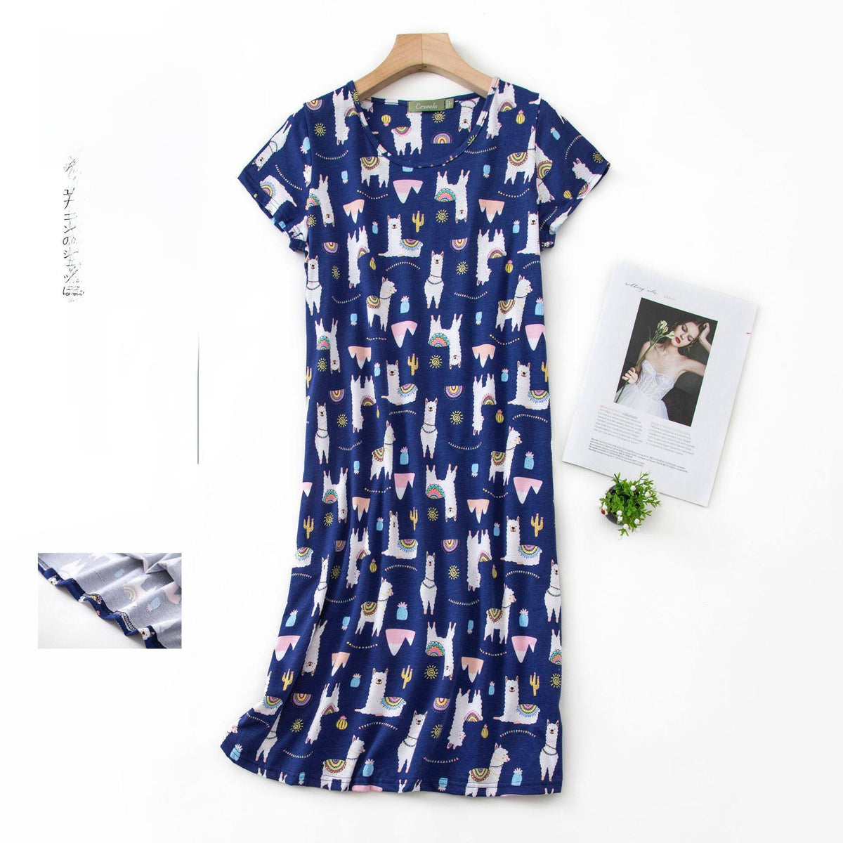 Women Cotton Cartoon Nightdress Plus Size Short Sleeve Sleepwear