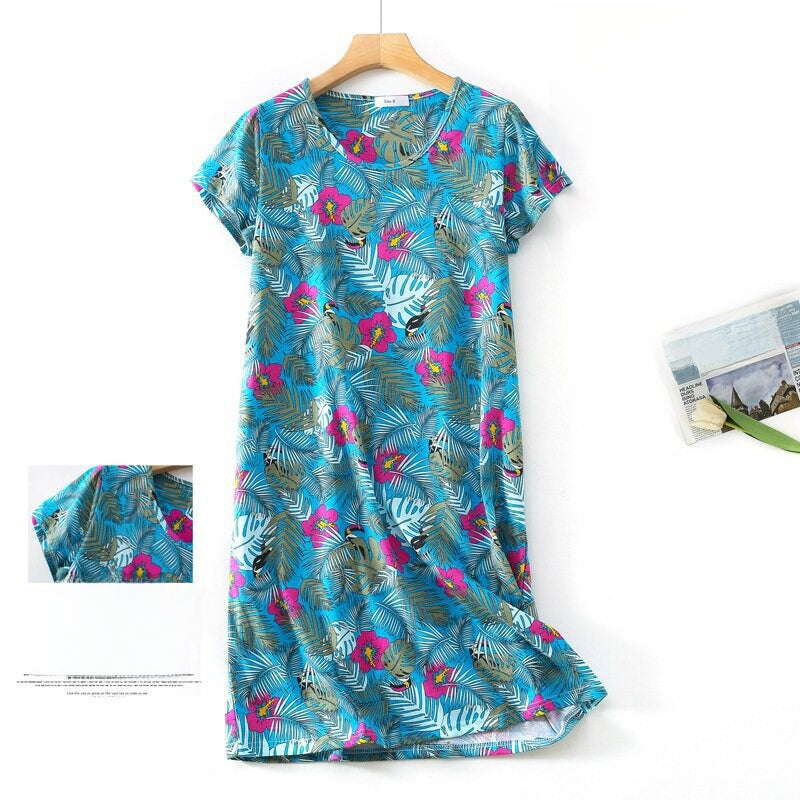 Women Cotton Cartoon Nightdress Plus Size Short Sleeve Sleepwear