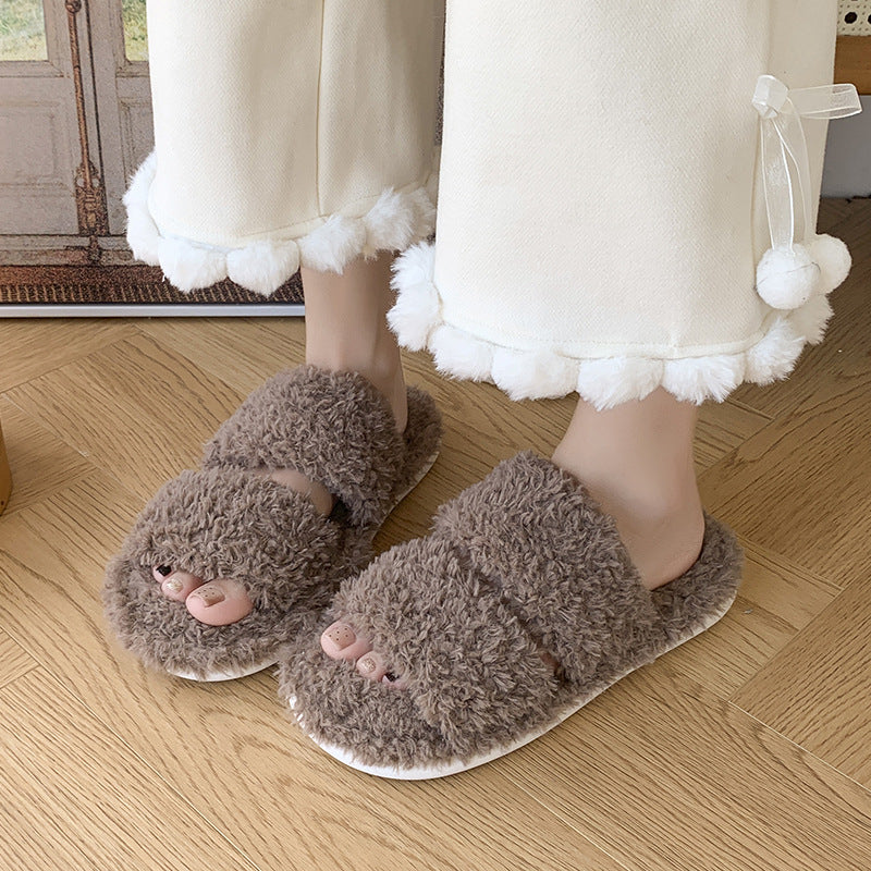 Plush Cotton Open-Toe Slippers for Home Wear