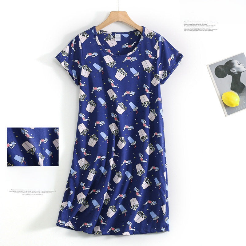 Women Cotton Cartoon Nightdress Plus Size Short Sleeve Sleepwear