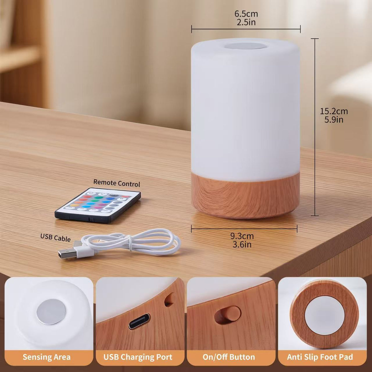 Remote Control Touch Sensor Wood Grain Table Lamp